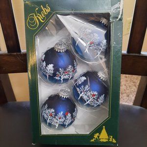 Vintage KREBS Glass Christmas Ornaments Blue White Trees Cardinals 1 Set of 4